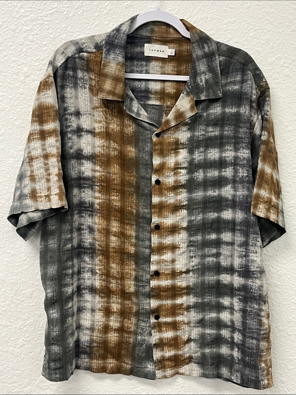 Topman Brown & Gray Short-Sleeve Button-Down Plaid Shirt #1108